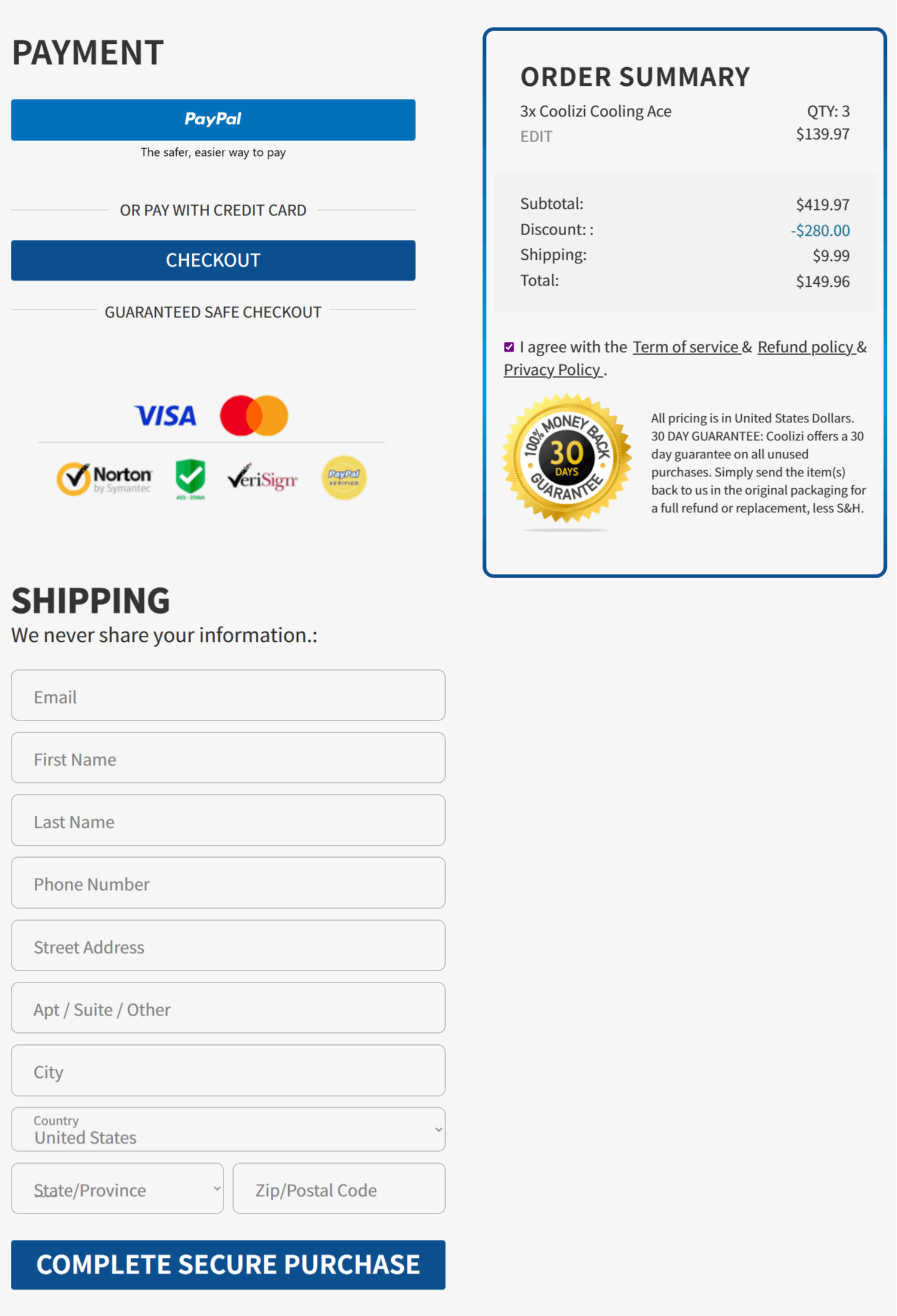 Coolizi Cooling Ace checkout page